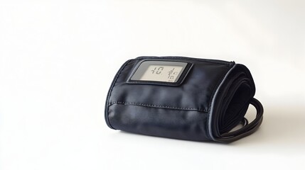 Poster - A close up photograph of a blood pressure cuff with a digital monitor isolated on a plain white background providing space for health related text or graphics