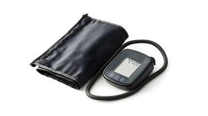 Poster - Closeup of a digital blood pressure monitoring device with a display screen and inflatable cuff isolated on a plain white background with empty copy space for health related text or graphics