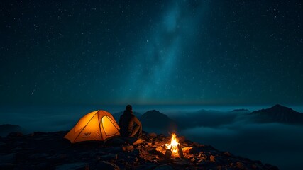 a person sits by a glowing campfire on a misty mountain summit, gazing at millions of stars. the sce