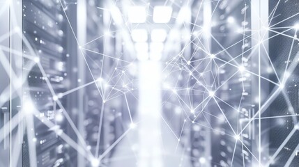 Poster - This image features a futuristic data center illuminated with glowing lights and intricate network connections, symbolizing digital innovation and technology.