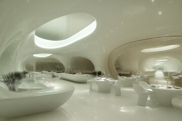 Poster - Modern Interior Design with White Curved Walls and Tables