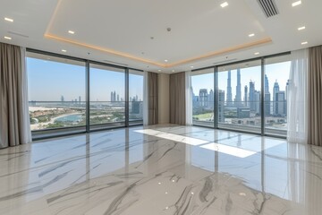 Wall Mural - Modern living room with panoramic city views and marble flooring