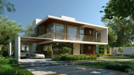 Poster - A contemporary house with a minimalist design, characterized by extensive glass walls and spacious, open surroundings.