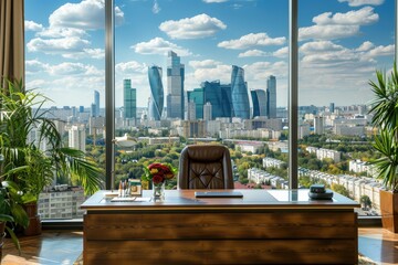 Wall Mural - Modern Office Desk with City Skyline View