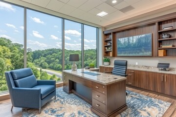 Poster - Modern Office Interior with Large Windows and Wooden Furnishings