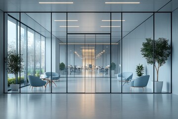Poster - Modern Office Lobby with Glass Walls and Blue Armchairs