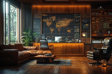 Poster - Modern Office Interior with World Map Data Visualization and Leather Furniture