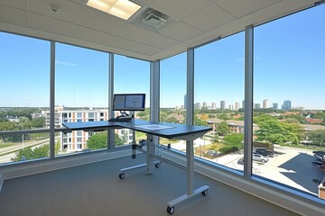 Poster - Modern Office with City View and Adjustable Desk