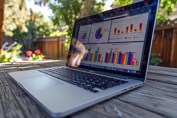 Poster - Open Laptop Displaying Data Graphs on Wooden Table