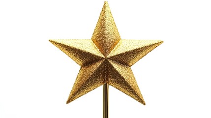Poster - Glowing metallic star shaped Christmas tree topper isolated on a clean white background  Elegant and modern holiday decor for a festive and seasonal display  Vertical orientation with copy space