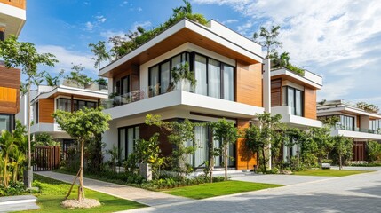 Poster - Group of modern tropical villas with sleek design, surrounded by plentiful greenery and blue skies on a sunny day.