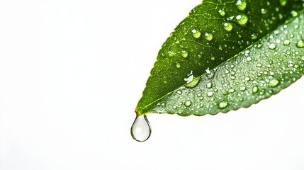 Poster - Pristine Water Droplet Adorning Dewy Leaf on Minimalist White Background   Peaceful Natural and Elegant Botanical Macro Photography