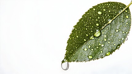 Poster - Dew Covered Leaf with Pristine Water Droplet Hanging from Tip Isolated on a Clean White Background with Space for Text