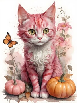 watercolor vintage style cute but spooky pink halloween cat with pumpkins  flowers