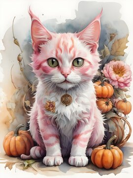 watercolor vintage style cute but spooky pink halloween cat with pumpkins  flowers