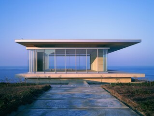 Poster - An elegant, minimalistic house with expansive windows and a flat roof, perfectly situated by the ocean, providing stunning sea views.