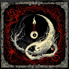 Yin and Yang Symbol with Taijitu Taoism chain and candles black and white illustration