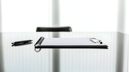 Poster - Minimalist and clean conference table setup with a notepad and pen isolated on a white background  Perfect for images related to business meetings discussions presentations planning strategy