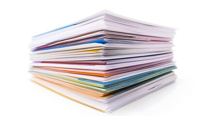 Poster - A stack of detailed business reports with various charts graphs and data visualizations isolated on a clean white background with copy space