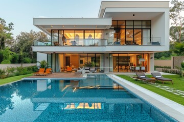 Sticker - A contemporary luxurious house featuring a pristine swimming pool, lush greenery, and large glass windows exuding comfort and style.