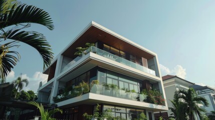 Canvas Print - A modern three-story house featuring green plants and contemporary architecture, basking in the sunlight of a clear, bright day.