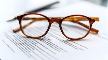 Poster - A close up photograph of a pair of eyeglasses resting on top of a legal contract or business document isolated on a clean white background with ample space for text or design elements