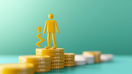Poster - A yellow figure stands atop stacks of coins, symbolizing financial success and growth. An arrow points upward, conveying a positive economic trend against a light blue backdrop