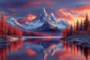 Wall Mural - Snowy Mountain Range Reflected in Still Water at Sunset