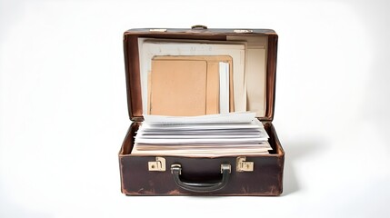Poster - A close up photograph of an open briefcase with various documents and paperwork neatly arranged and organized inside isolated on a clean white background