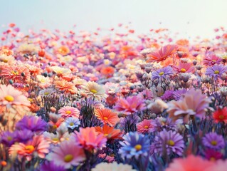 Wall Mural - Vibrant Field of Colorful Wildflowers in Full Bloom Under Clear Sky at Dawn