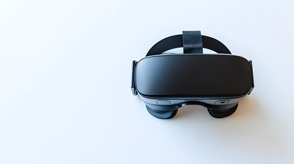 Poster - A contemporary and clean photograph showcasing a virtual reality headset placed on a white table with ample negative space on the right side creating an appealing and minimalist product display
