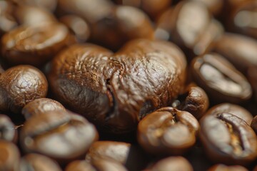 Sticker - Roasted coffee bean forming a heart shape surrounded by other roasted coffee beans, close up