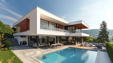 Poster - A contemporary luxury home illustrated with expansive glass windows, a spacious backyard, and a pristine swimming pool under a clear, sunny sky.