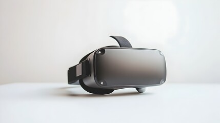 Poster - Photograph of a modern virtual reality headset placed on a clean white table with ample copy space on the right side  This minimalist setup showcases the device s sleek and futuristic design