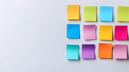 Poster - Visually striking grid arrangement of colorful sticky notes on a plain white background creating a minimalist and organized composition with a modern graphic feel