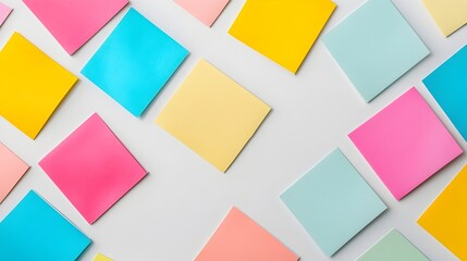 Poster - Vibrant and Organized Arrangement of Multicolored Sticky Notes in a Geometric Grid Layout on a Simple White Background Leaving Ample Copy Space Above
