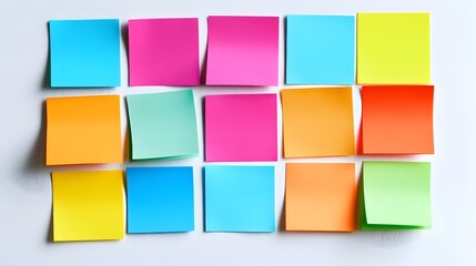 Poster - Vibrant Arrangement of Multicolored Sticky Notes Organized in a Geometric Grid Pattern on a Plain White Surface Leaving Ample Copyspace Above