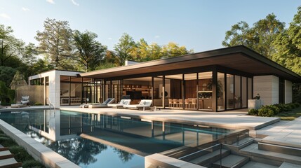 Sticker - A modern, luxurious house featuring an expansive pool, surrounded by lush greenery and stylish outdoor furniture, epitomizing luxury living.