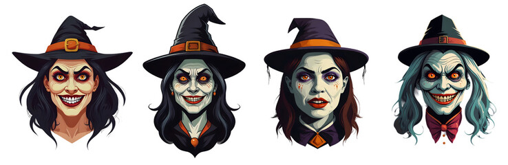 Set of cartoon horror woman witch character faces. vector illustration of evil witch smile scary circus monsters. White background. 