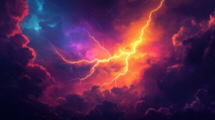 Wall Mural - A dramatic sky filled with vibrant colors, lightning, and rain, depicting a stormy atmosphere.