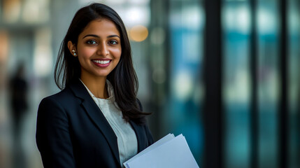 Wall Mural - A beautiful businesswoman with dark hair, in an office suit, smiles while holding documents.