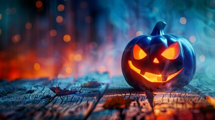 Spooky jack o  lantern illuminating a grungy wooden surface against a dark bokeh halloween backdrop