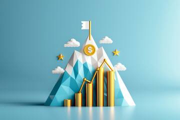 Poster - A colorful 3D mountain design showcases financial success, featuring bars for growth, clouds, and a flag atop, symbolizing achievement in a vibrant setting