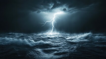 Wall Mural - A dramatic storm scene with lightning illuminating turbulent ocean waves.