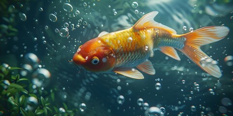 Wall Mural - Kohaku Koi Fish Underwater with Bubbles