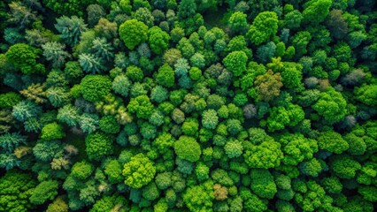 Top down drone view of lush green forest background, nature, trees, foliage, aerial, environment, scenery