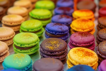 Sticker - Rows of colorful macarons are laying on a tray, tempting viewers with their delicious appearance