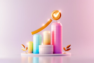 Poster - A vibrant 3D representation of a growth chart showcases increasing data trends, highlighted by colorful bars and a golden checkmark symbolizing success