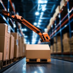 Robotic arm handling boxes in a modern warehouse, showcasing automation and efficiency in logistics and supply chain processes.