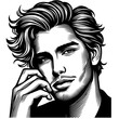 © PANGI - black-and-white portrait of a young man with wavy hair and sharp, well-defined facial features, confident, seductive expression, detailed shading and clean lines, illustration on white background